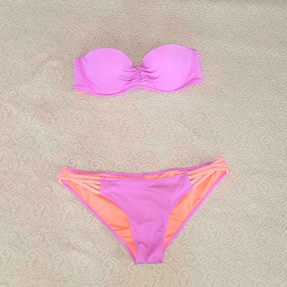 VS 34B Lavendar & Coral Bikini Dwim Suit Set Underwire Slight Push Up, Strapless